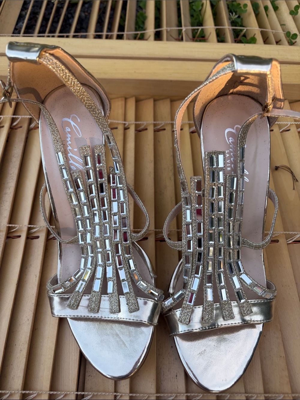 Camilla Gold Mirror-Embellished T-Strap Heels
